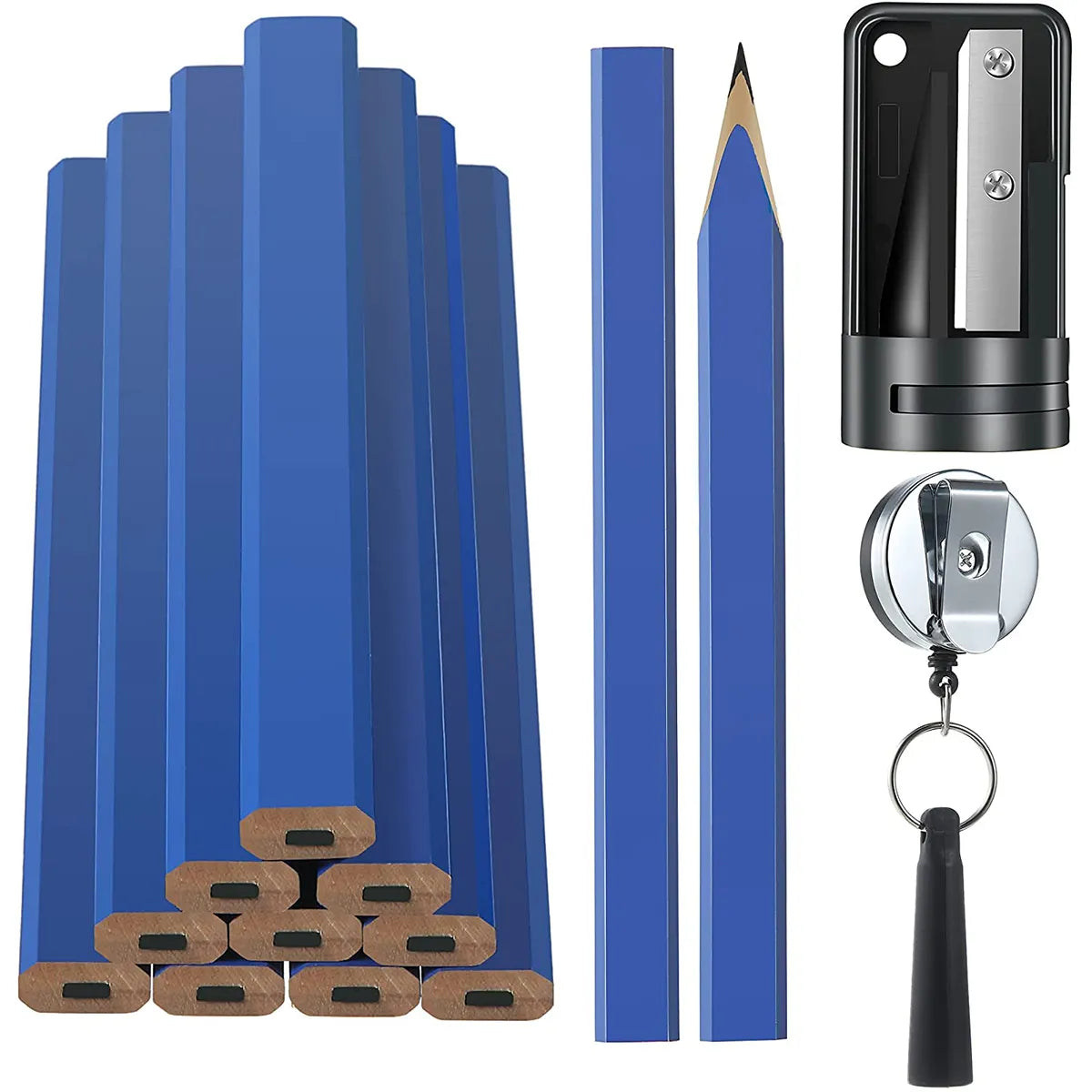 Carpenter's pencil set, 12 pieces, with retractable holder and sharpener